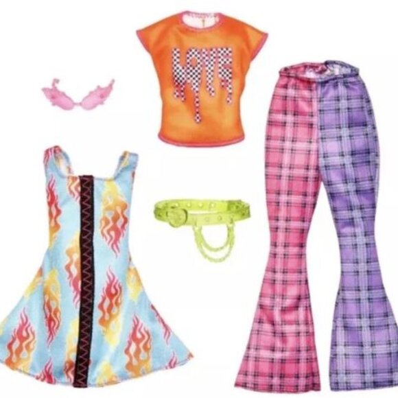 NEW!! BARBIE DOLL FASHIONS 2 OUTFIT PACK FLAME PRINT DRESS, CHECK FLAIRED PANTS - Picture 1 of 3